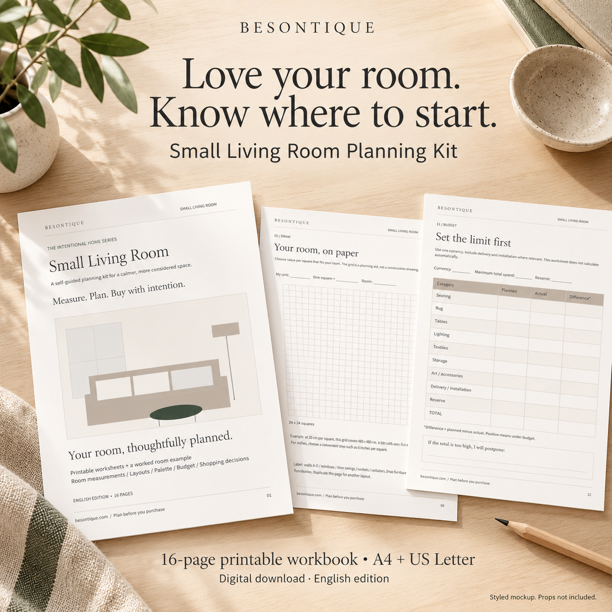 Three printed pages from a Besontique Small Living Room Planning Kit are arranged on a light wood surface with a plant, bowl, and pencil nearby. The pages show minimalist room-planning worksheets and cover pages.