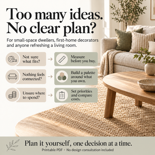A promotional graphic for a printable home decor guide, featuring a styled living room with a round woven area rug, wooden coffee table, and beige sofa. The text reads 'Too many ideas.
