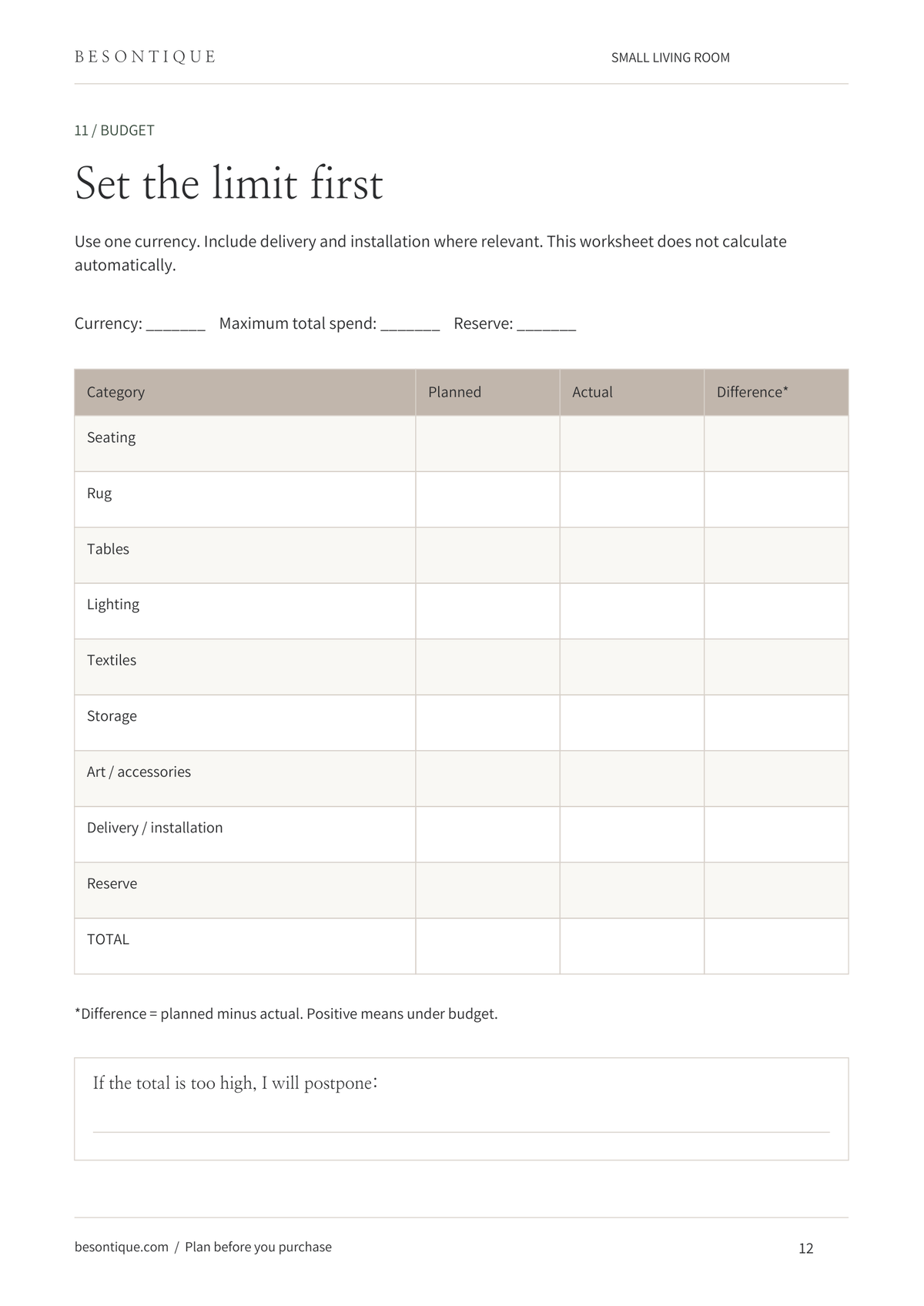 A budgeting worksheet page titled '12. BUDGET' with the heading 'Set the limit first' and fields for currency, maximum total spend, and reserve.