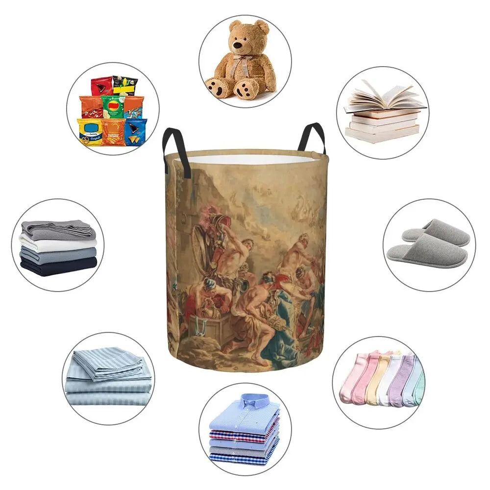 Aubusson Tapestry Printed Laundry Basket │ Foldable French Motif Decorative Hamper Organizer