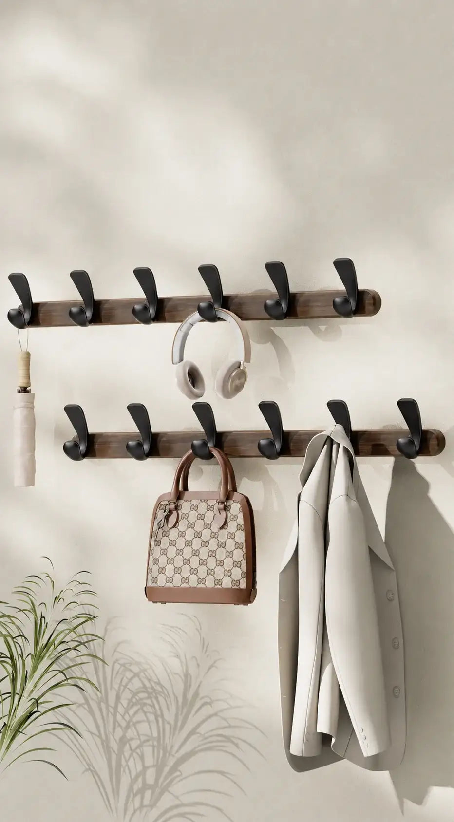 Modern Walnut Moon Shape Coat Rack (White/Black)β Wall Mounted Wooden Metal Hooks