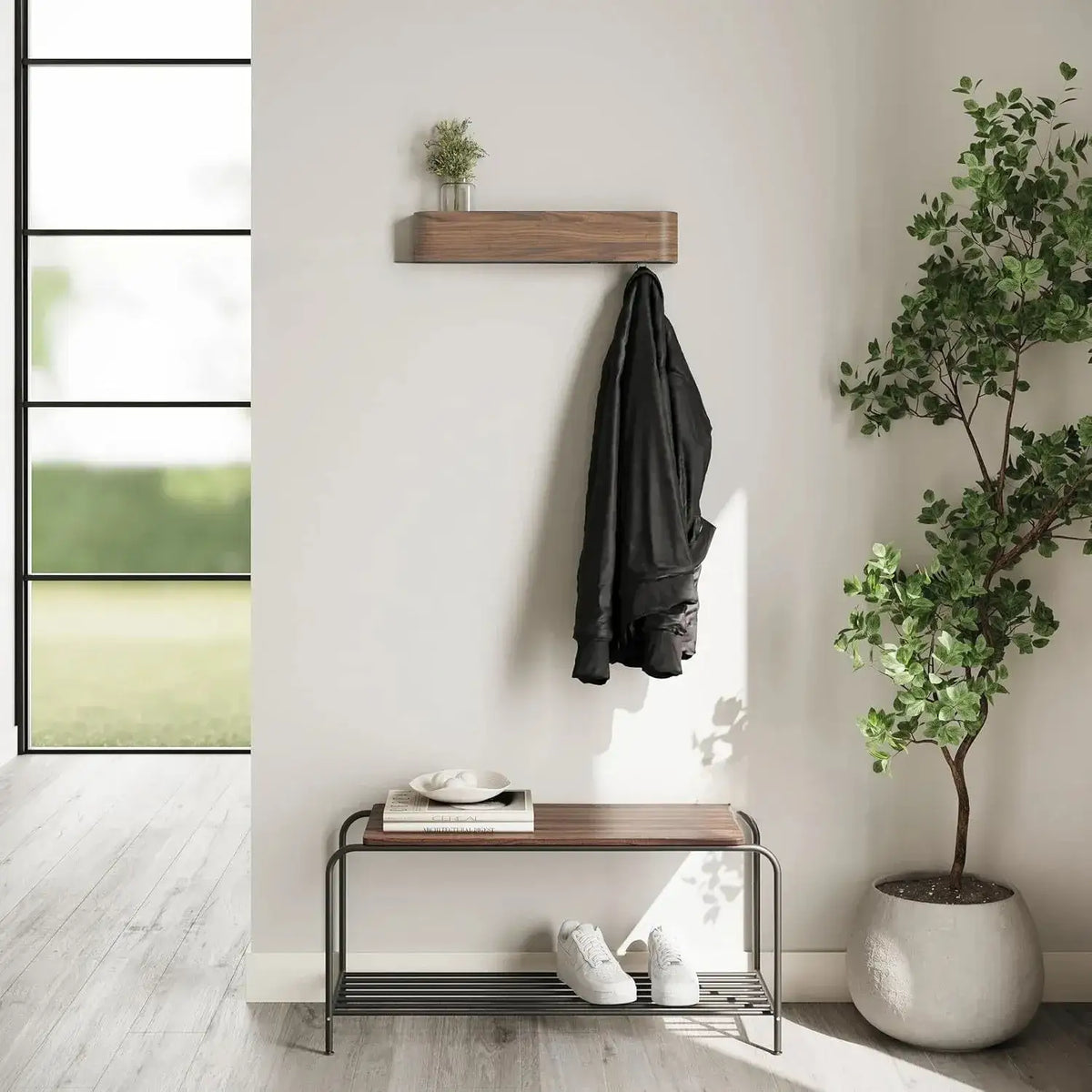 Modern Wooden Entrance Wall Mounted Clothing Rack Shelf with hidden hooks Besontique Home Decor