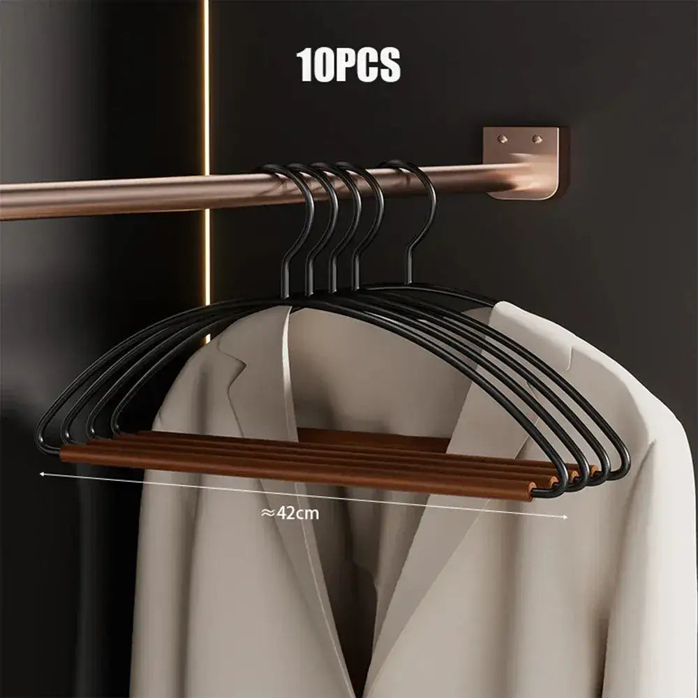 10pcs Luxury Beech Wood Clothes Hangers │ Seamless Iron Wardrobe Clothes Rack with Wood Bar - Besontique Home