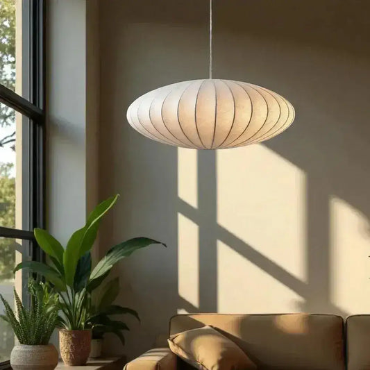 Minimal Nordic Silk Fabric Pendant Light │ Japandi style White Ceiling Hanging Chandelier - Besontique Home