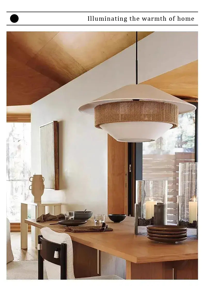 Japandi White Cloth Rattan Hemp Rope Pendant Ceiling Lamp Light - Besontique Home