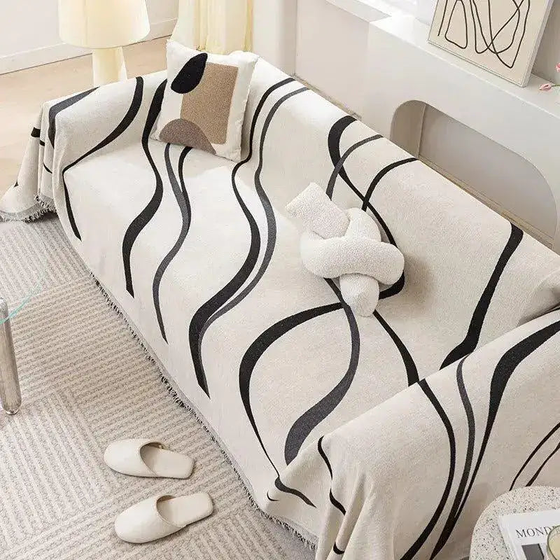 2-chenille-line-pattern-throw-blanket-with-tassel-simple-nordic-jacquard-reversible-double-sided-sofa-cover-besontique-home-17954 - Besontique Home