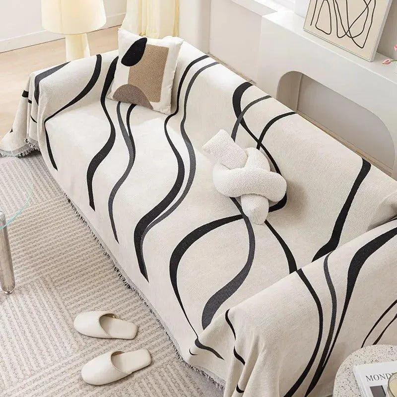 2 Chenille Line Pattern Throw Blanket with Tassel │ Simple Nordic Jacquard Reversible Double Sided Sofa Cover - Besontique Home