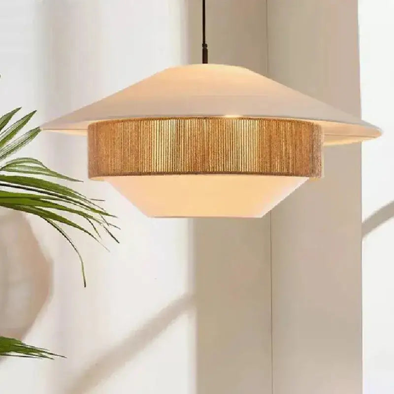 Japandi White Cloth Rattan Hemp Rope Pendant Ceiling Lamp Light - Besontique Home