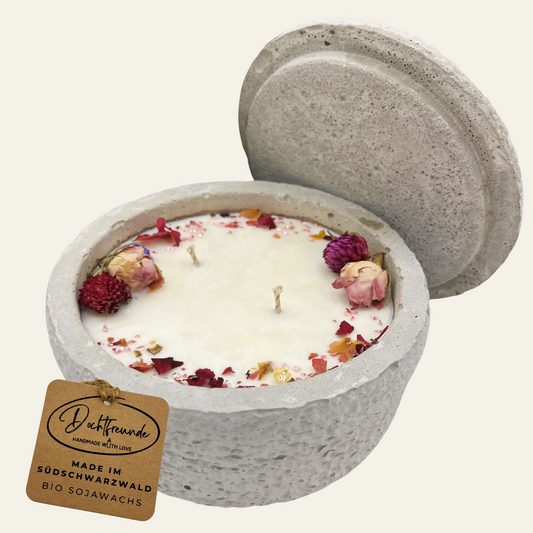 Handgefertigte Betonkerze Betongrau „Herbstglühen“ für Herbst und Winter - Stilvolle Sojawachskerze für Ihr Zuhause. Mit Blütenverzierung und HOCHWERTIGEM Baumwolldocht aus dem Südschwarzwald - Besontique Home