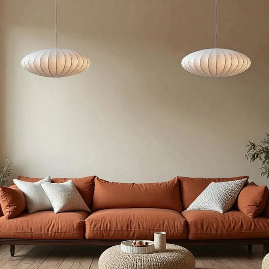 Minimal Nordic Silk Fabric Pendant Light │ Japandi style White Ceiling Hanging Chandelier