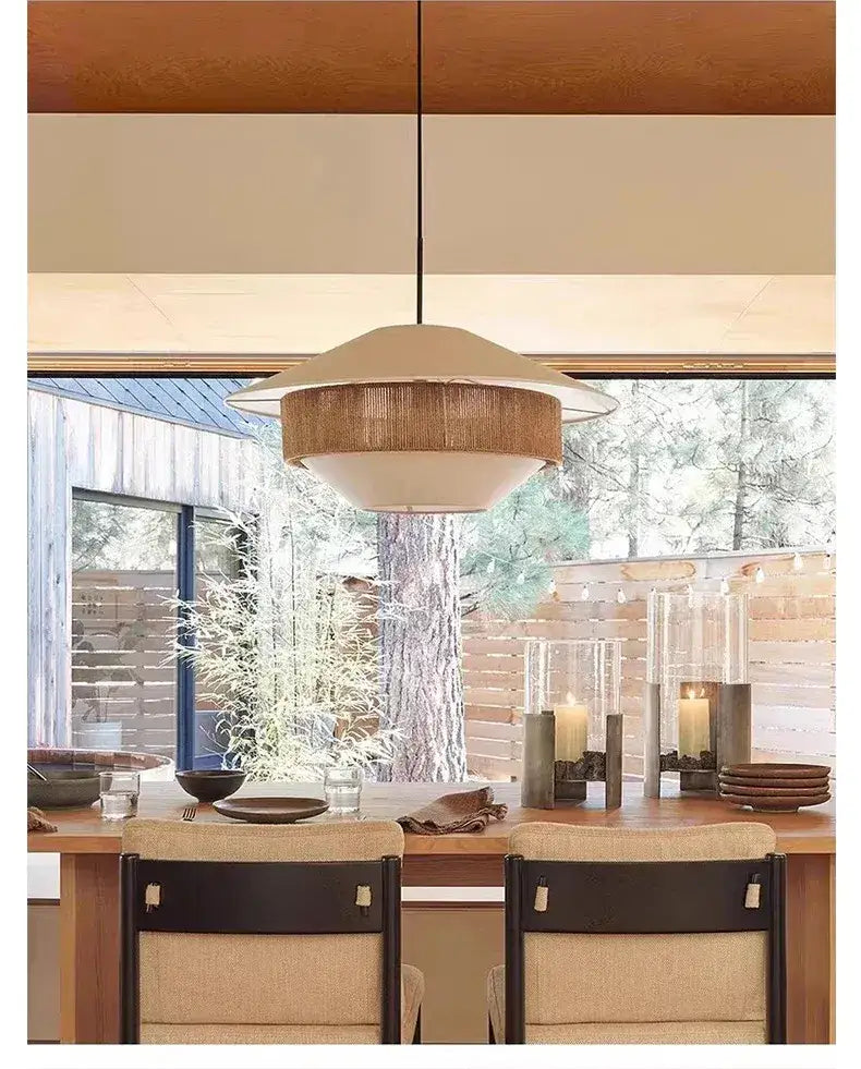 Japandi White Cloth Rattan Hemp Rope Pendant Ceiling Lamp Light - Besontique Home