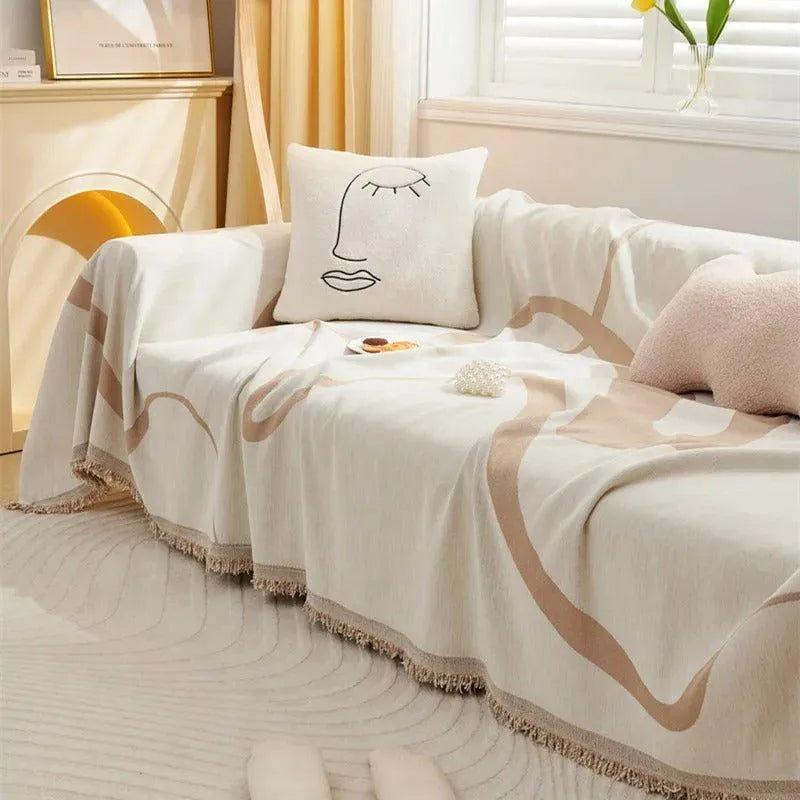 4 Chenille Line Pattern Throw Blanket with Tassel │ Simple Nordic Jacquard Reversible Double Sided Sofa Cover - Besontique Home