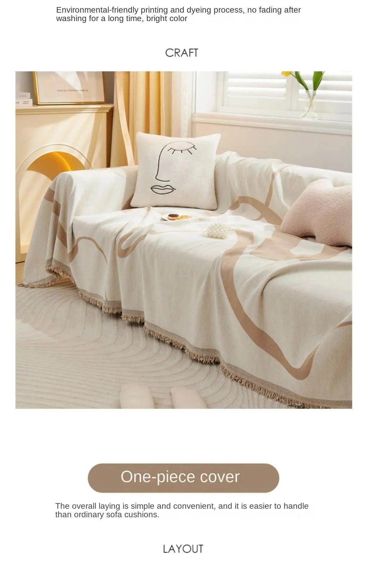 4 Chenille Line Pattern Throw Blanket with Tassel │ Simple Nordic Jacquard Reversible Double Sided Sofa Cover - Besontique Home