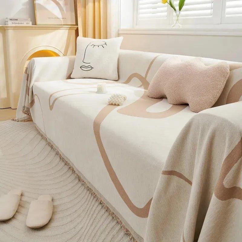 4 Chenille Line Pattern Throw Blanket with Tassel │ Simple Nordic Jacquard Reversible Double Sided Sofa Cover - Besontique Home