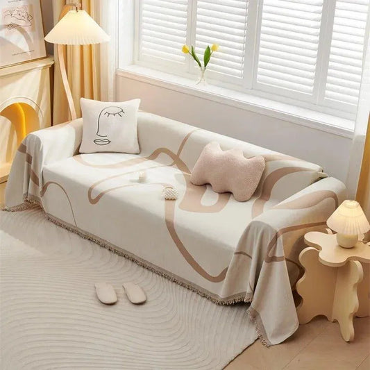 4 Chenille Line Pattern Throw Blanket with Tassel │ Simple Nordic Jacquard Reversible Double Sided Sofa Cover - Besontique Home