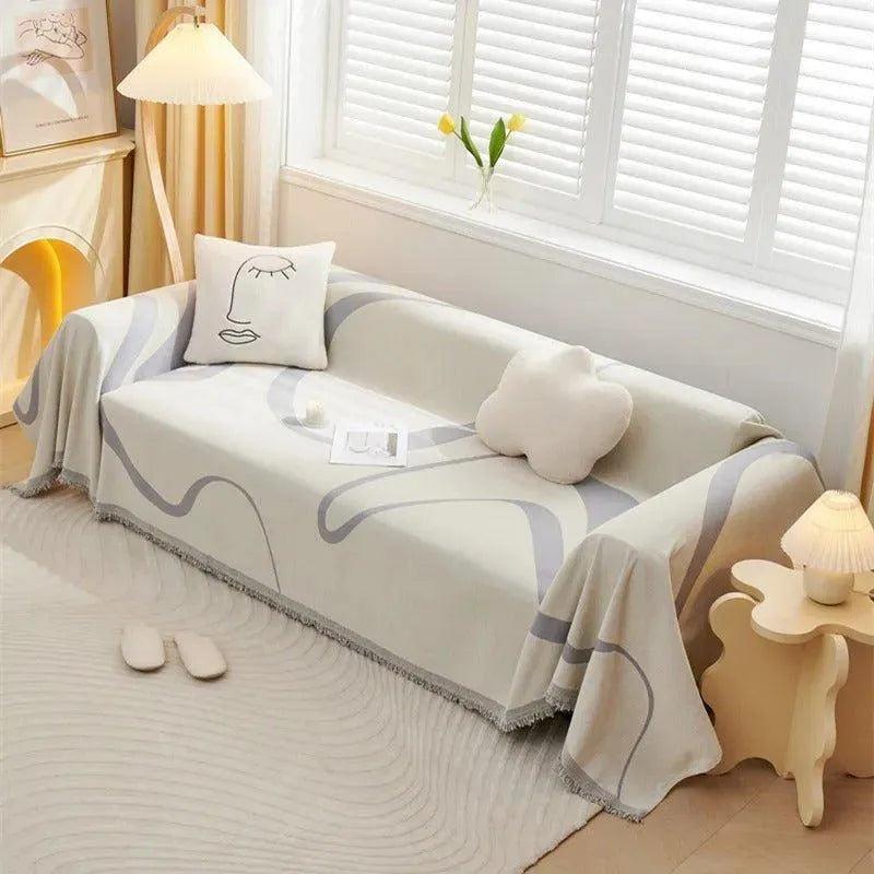 4 Chenille Line Pattern Throw Blanket with Tassel │ Simple Nordic Jacquard Reversible Double Sided Sofa Cover - Besontique Home