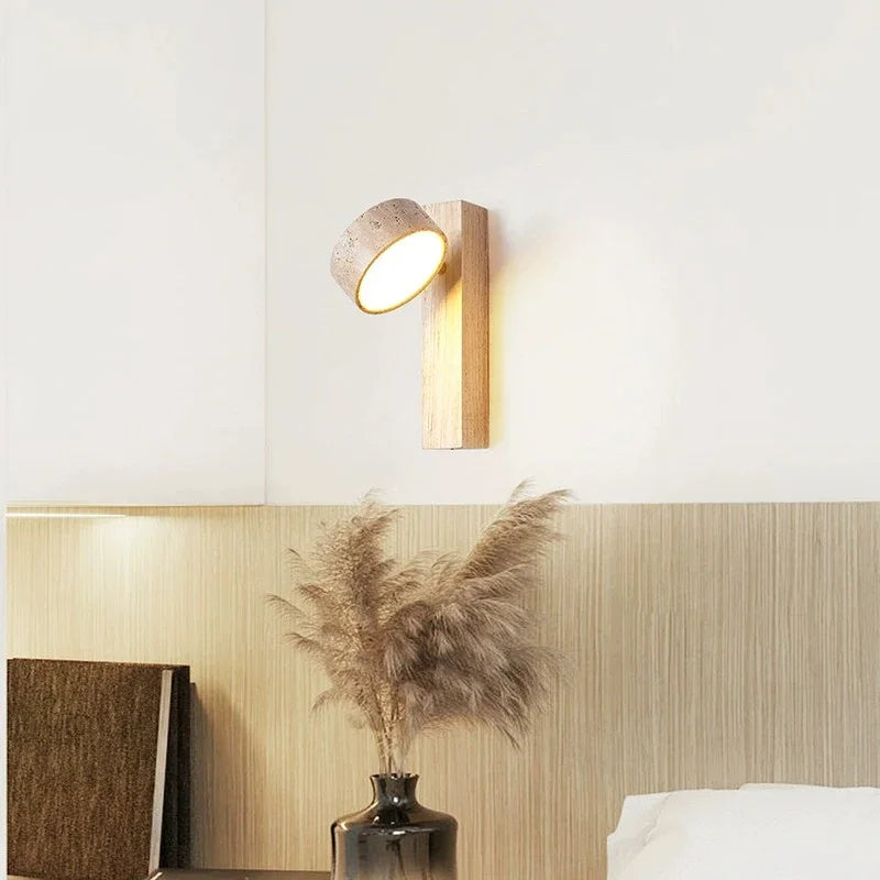 Japandi Natural Stone Wood Wall Lighting With Pull Switch │ Modern Vintage Style Round LED Sconce Wall Light