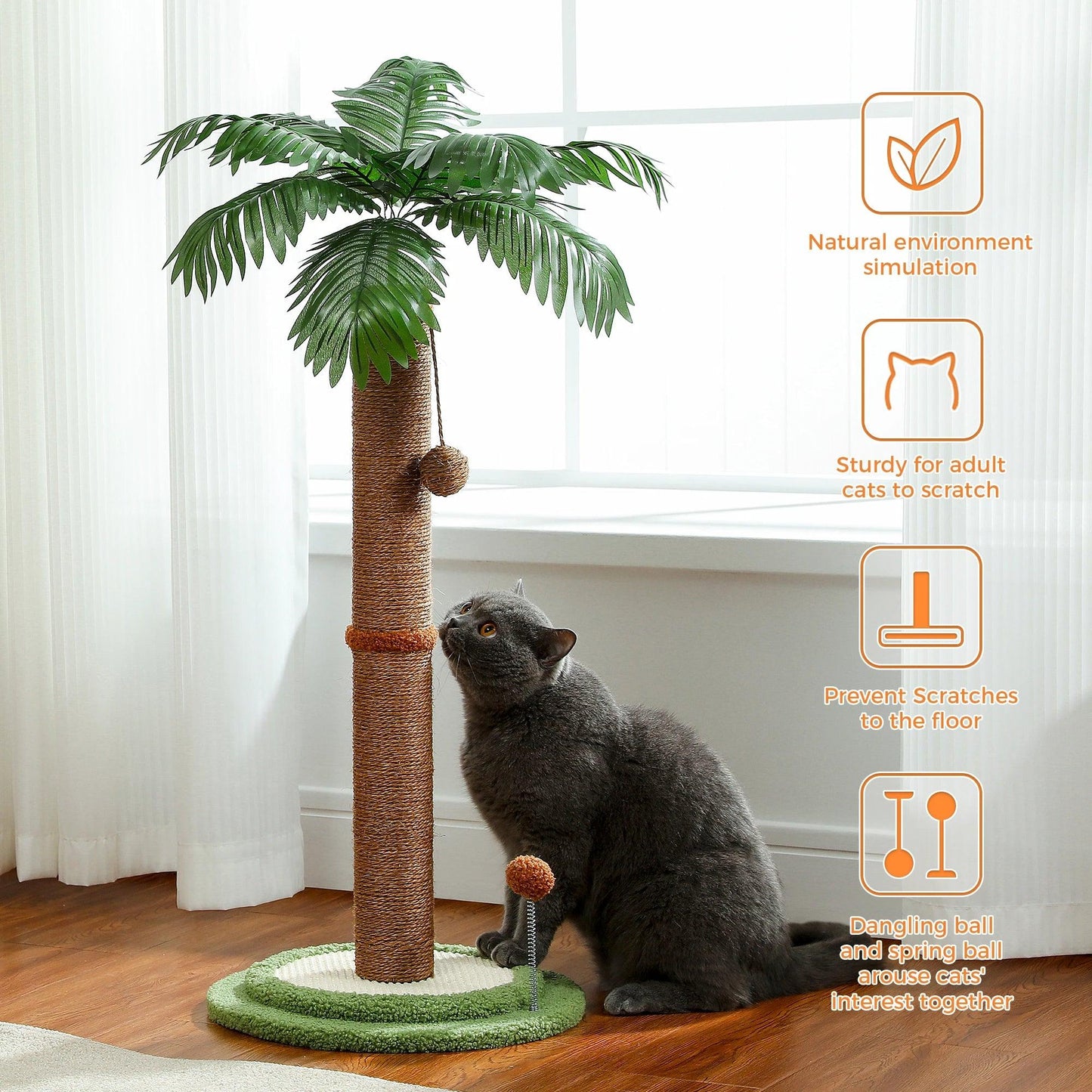 Arbre à chat tropical en sisal avec boule suspendue | Jouet griffoir pour chat adapté aux animaux