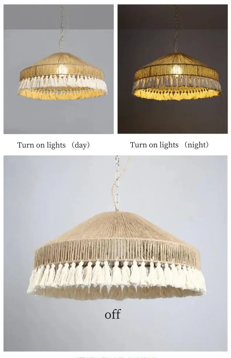 Chandelier with tassels shown in different lighting conditions on a gray background Besontique Home