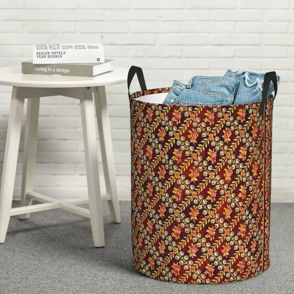 Aubusson Tapestry Printed Laundry Basket │ Foldable French Motif Decorative Hamper Organizer