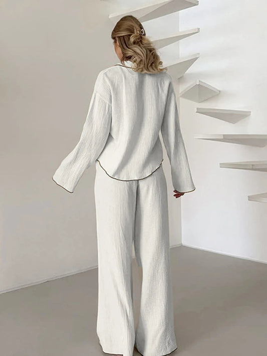 Cotton Turn-Down Collar White Long Sleeve 2 Piece Set │ Homewear Pajamas - Besontique Home