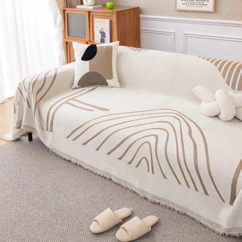 8 Chenille Line Pattern Throw Blanket with Tassel │ Simple Nordic Jacquard Reversible Double Sided Sofa Cover - Besontique Home