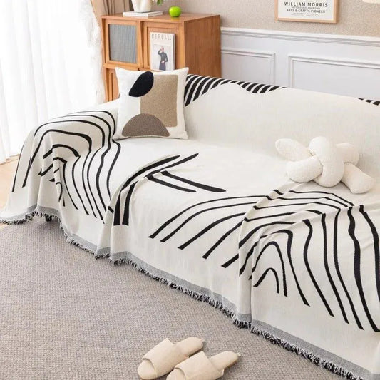 8 Chenille Line Pattern Throw Blanket with Tassel │ Simple Nordic Jacquard Reversible Double Sided Sofa Cover - Besontique Home