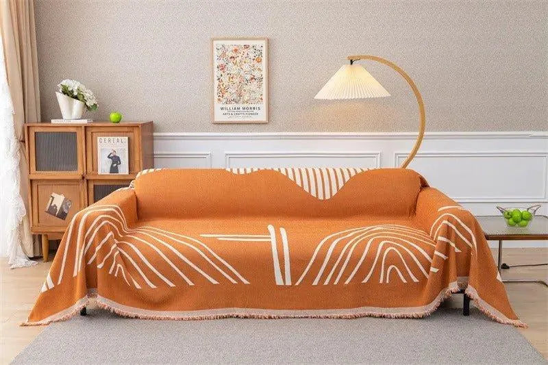 8 Chenille Line Pattern Throw Blanket with Tassel │ Simple Nordic Jacquard Reversible Double Sided Sofa Cover - Besontique Home