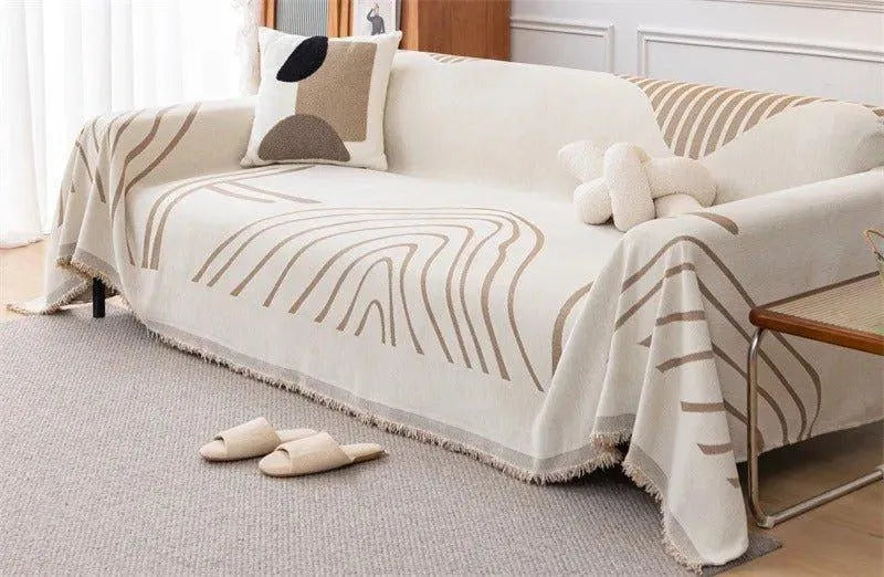 8 Chenille Line Pattern Throw Blanket with Tassel │ Simple Nordic Jacquard Reversible Double Sided Sofa Cover - Besontique Home