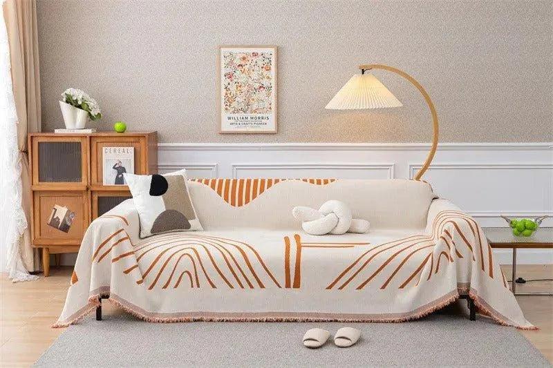 8 Chenille Line Pattern Throw Blanket with Tassel │ Simple Nordic Jacquard Reversible Double Sided Sofa Cover - Besontique Home