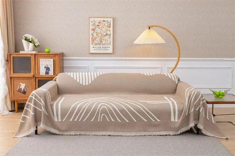 8 Chenille Line Pattern Throw Blanket with Tassel │ Simple Nordic Jacquard Reversible Double Sided Sofa Cover - Besontique Home