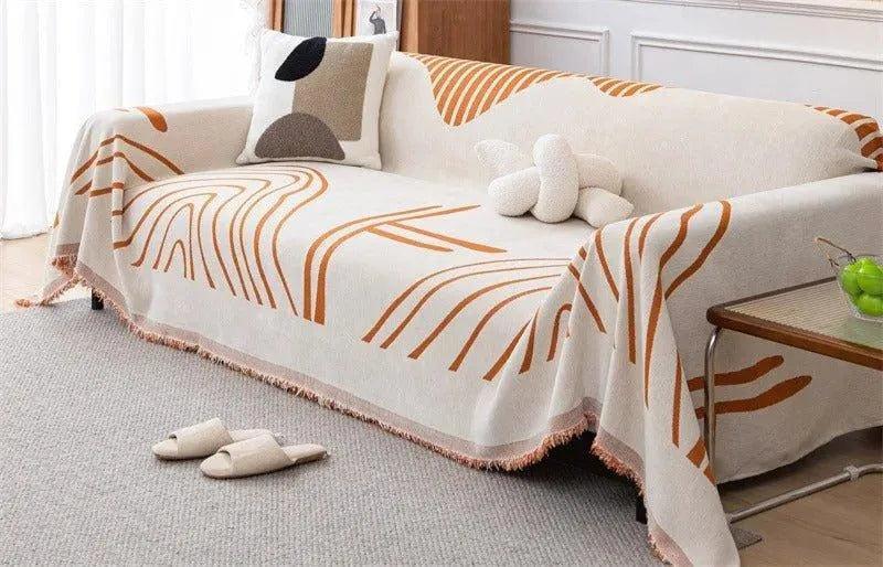 8 Chenille Line Pattern Throw Blanket with Tassel │ Simple Nordic Jacquard Reversible Double Sided Sofa Cover - Besontique Home