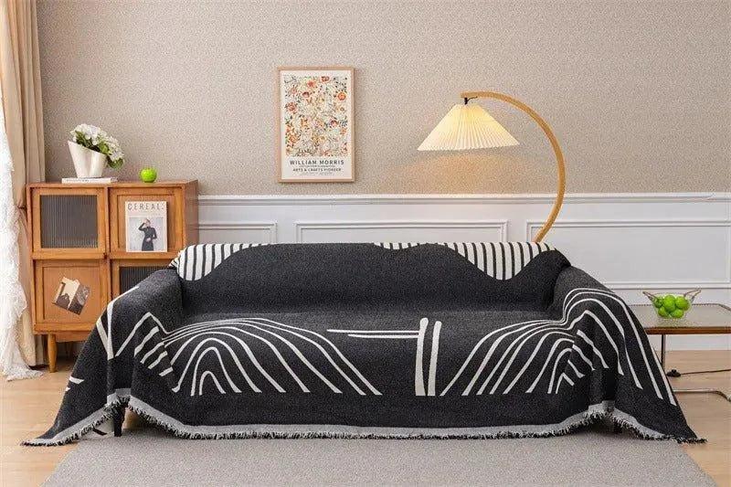 8 Chenille Line Pattern Throw Blanket with Tassel │ Simple Nordic Jacquard Reversible Double Sided Sofa Cover - Besontique Home