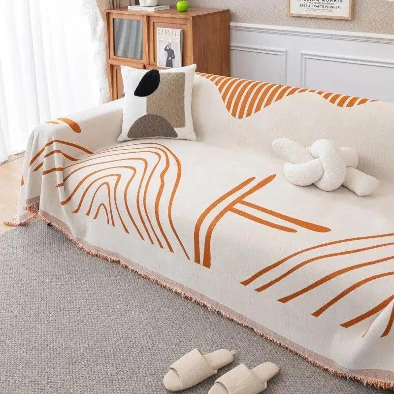 8 Chenille Line Pattern Throw Blanket with Tassel │ Simple Nordic Jacquard Reversible Double Sided Sofa Cover - Besontique Home