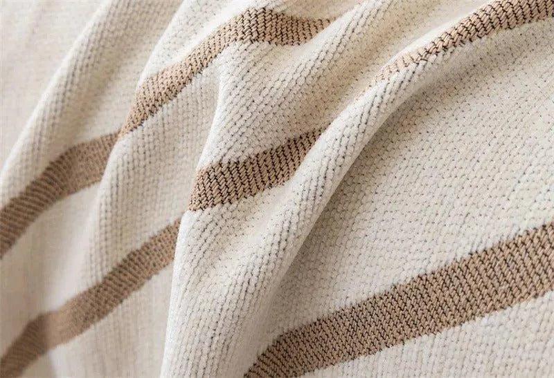 8 Chenille Line Pattern Throw Blanket with Tassel │ Simple Nordic Jacquard Reversible Double Sided Sofa Cover - Besontique Home