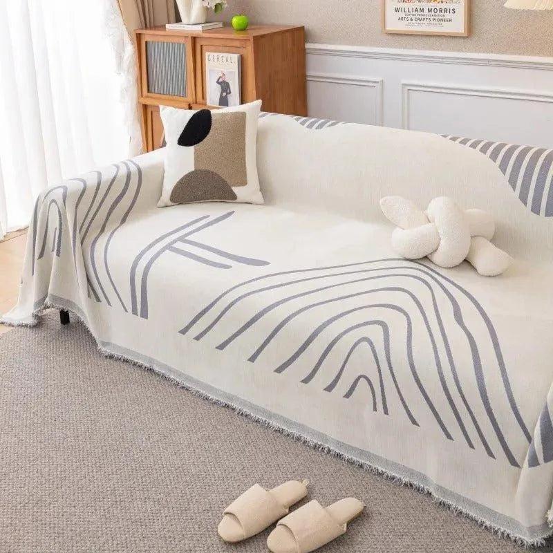 8 Chenille Line Pattern Throw Blanket with Tassel │ Simple Nordic Jacquard Reversible Double Sided Sofa Cover - Besontique Home