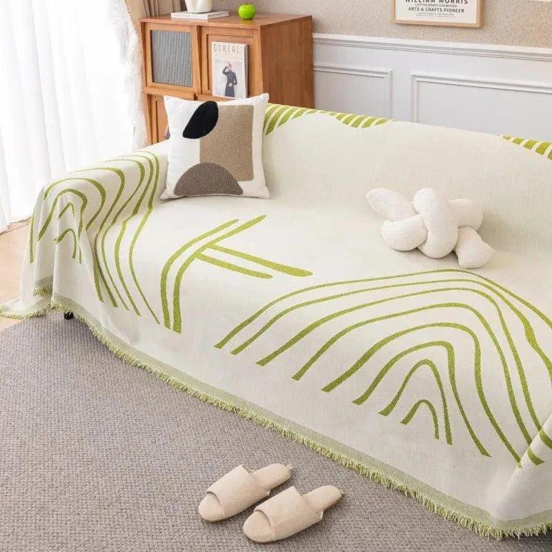 8 Chenille Line Pattern Throw Blanket with Tassel │ Simple Nordic Jacquard Reversible Double Sided Sofa Cover - Besontique Home