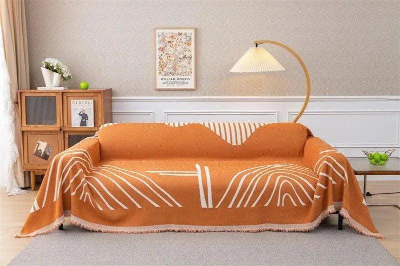 8 Chenille Line Pattern Throw Blanket with Tassel │ Simple Nordic Jacquard Reversible Double Sided Sofa Cover - Besontique Home