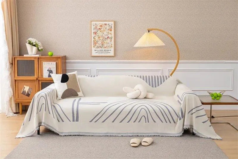8 Chenille Line Pattern Throw Blanket with Tassel │ Simple Nordic Jacquard Reversible Double Sided Sofa Cover - Besontique Home