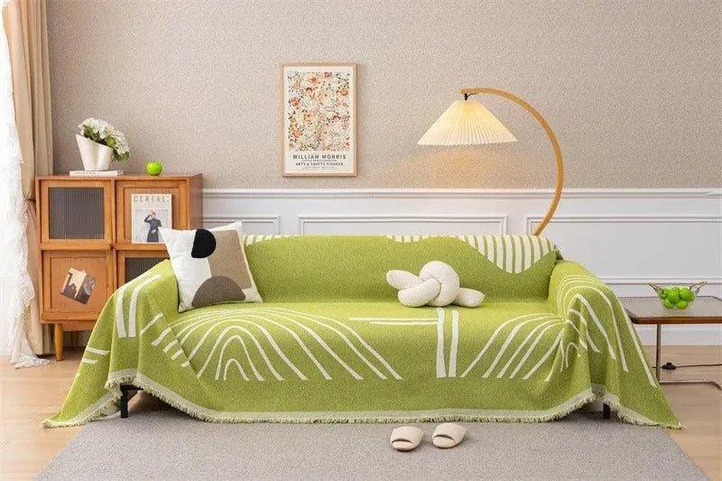 8 Chenille Line Pattern Throw Blanket with Tassel │ Simple Nordic Jacquard Reversible Double Sided Sofa Cover - Besontique Home