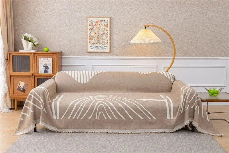8 Chenille Line Pattern Throw Blanket with Tassel │ Simple Nordic Jacquard Reversible Double Sided Sofa Cover - Besontique Home