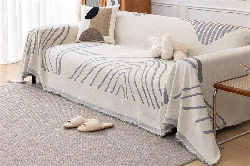 8 Chenille Line Pattern Throw Blanket with Tassel │ Simple Nordic Jacquard Reversible Double Sided Sofa Cover - Besontique Home