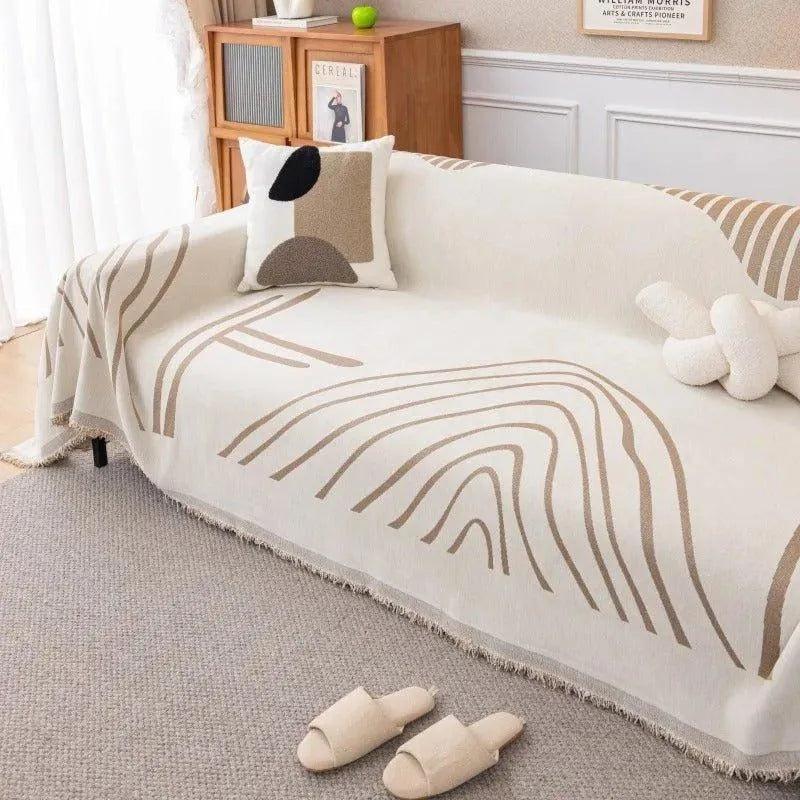 8 Chenille Line Pattern Throw Blanket with Tassel │ Simple Nordic Jacquard Reversible Double Sided Sofa Cover - Besontique Home