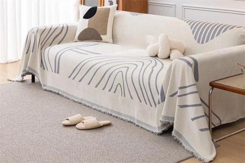 8 Chenille Line Pattern Throw Blanket with Tassel │ Simple Nordic Jacquard Reversible Double Sided Sofa Cover - Besontique Home