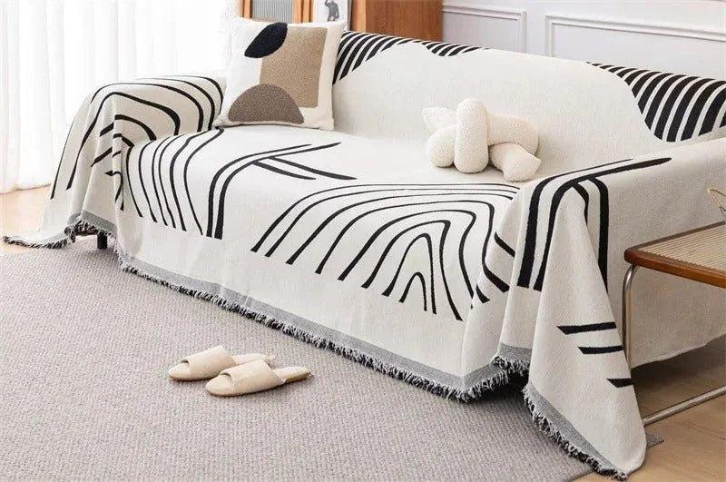 8 Chenille Line Pattern Throw Blanket with Tassel │ Simple Nordic Jacquard Reversible Double Sided Sofa Cover - Besontique Home