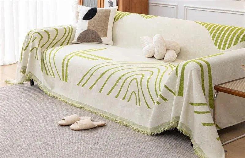 8 Chenille Line Pattern Throw Blanket with Tassel │ Simple Nordic Jacquard Reversible Double Sided Sofa Cover - Besontique Home