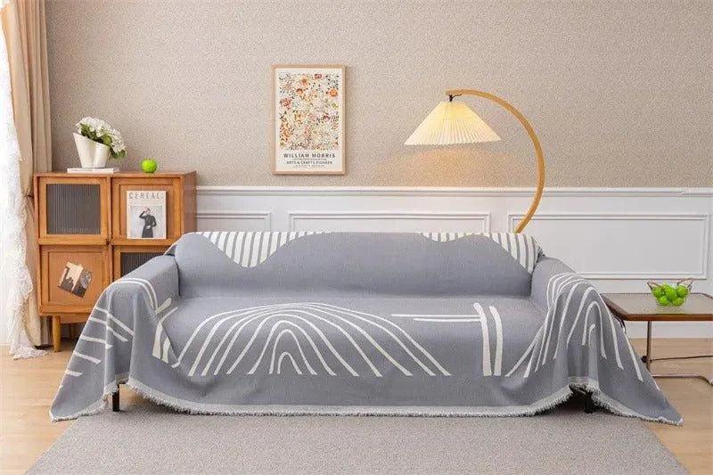 8 Chenille Line Pattern Throw Blanket with Tassel │ Simple Nordic Jacquard Reversible Double Sided Sofa Cover - Besontique Home