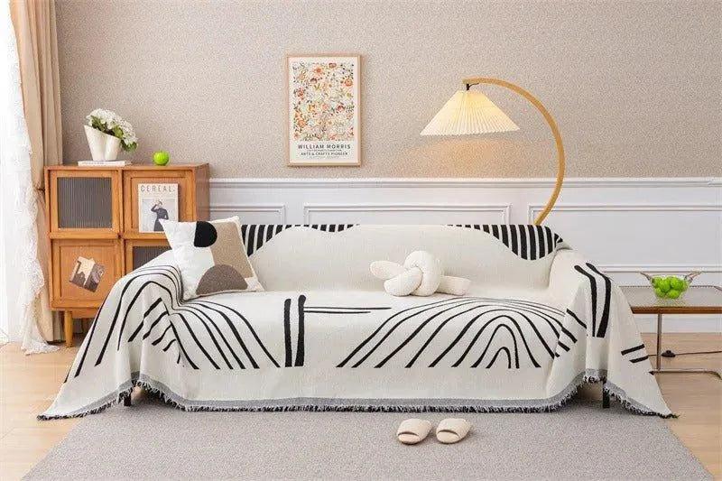 8 Chenille Line Pattern Throw Blanket with Tassel │ Simple Nordic Jacquard Reversible Double Sided Sofa Cover - Besontique Home