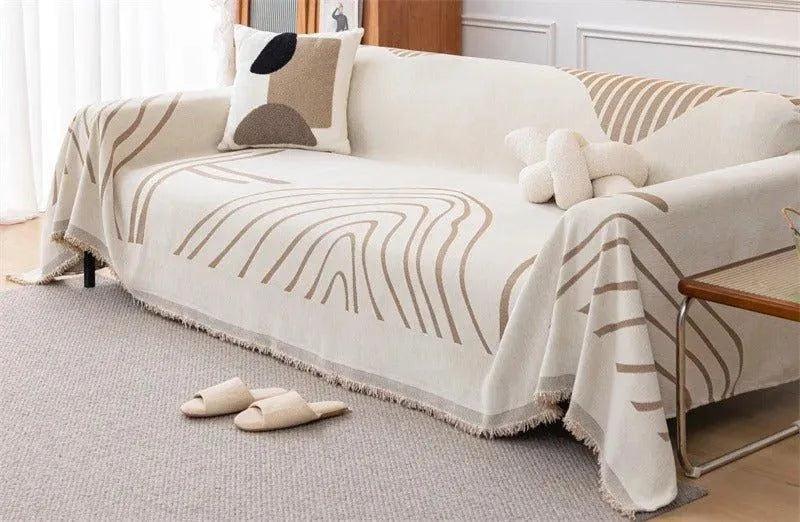 8 Chenille Line Pattern Throw Blanket with Tassel │ Simple Nordic Jacquard Reversible Double Sided Sofa Cover - Besontique Home