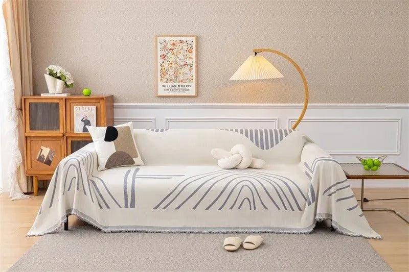 8 Chenille Line Pattern Throw Blanket with Tassel │ Simple Nordic Jacquard Reversible Double Sided Sofa Cover - Besontique Home